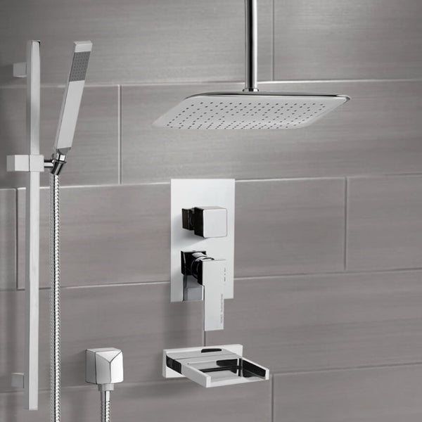 Galiano Chrome Tub and Shower System with Ceiling 14" Rain Shower Head and Hand Shower - Stellar Hardware and Bath 