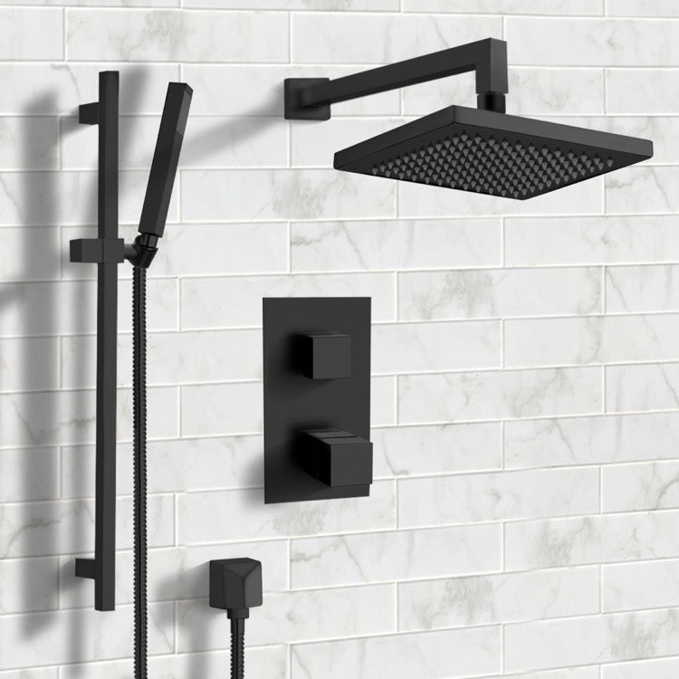 Galiano Matte Black Thermostatic Shower System with 8" Rain Shower Head and Hand Shower - Stellar Hardware and Bath 