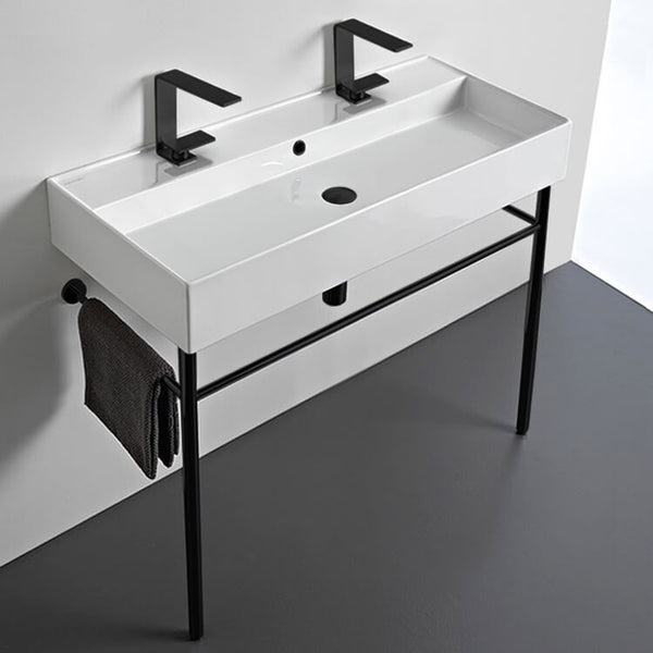 Teorema Double Ceramic Console Sink and Matte Black Stand - Stellar Hardware and Bath 