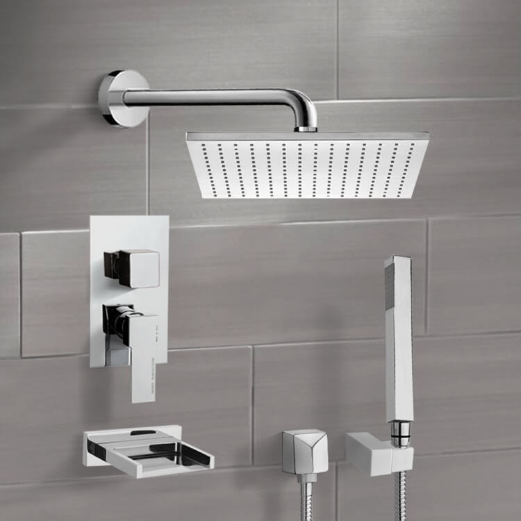 Tyga Chrome Tub and Shower System with Ceiling 12" Rain Shower Head and Hand Shower - Stellar Hardware and Bath 