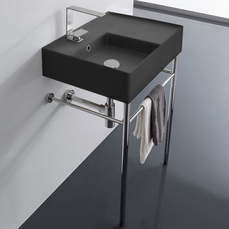 Teorema 2 Matte Black Ceramic Console Sink and Polished Chrome Stand - Stellar Hardware and Bath 