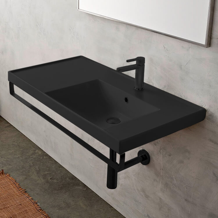 ML Wall Mounted Matte Black Ceramic Sink With Matte Black Towel Bar - Stellar Hardware and Bath 