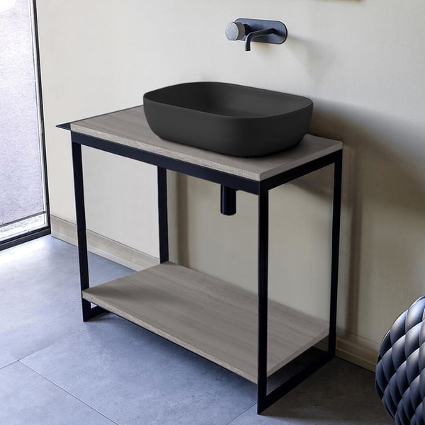 Solid Console Sink Vanity With Matte Black Vessel Sink and Grey Oak Shelf - Stellar Hardware and Bath 