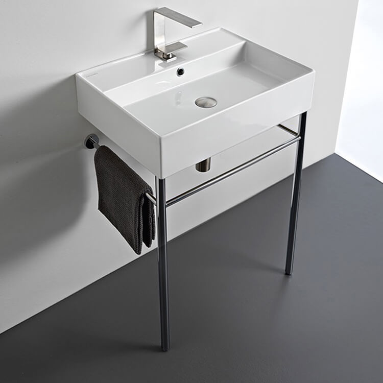 Teorema Rectangular Ceramic Console Sink and Polished Chrome Stand - Stellar Hardware and Bath 