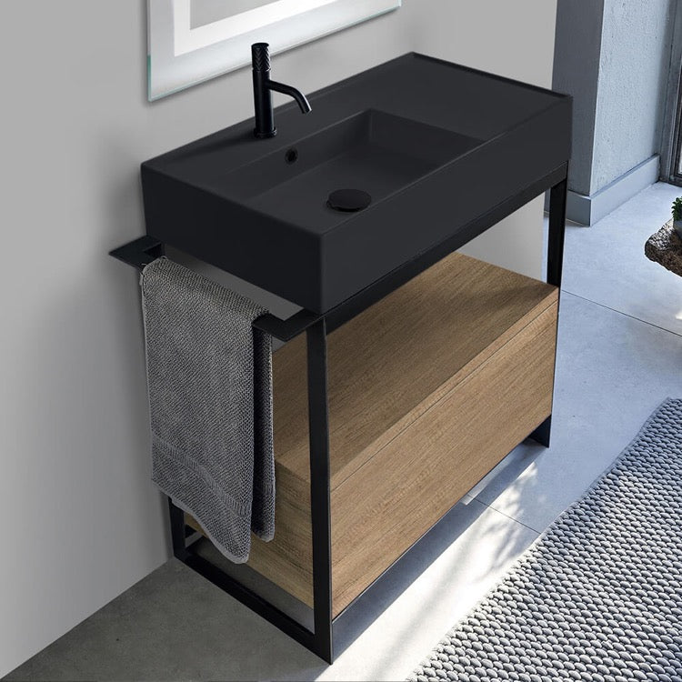 Solid Console Sink Vanity With Matte Black Ceramic Sink and Natural Brown Oak Drawer - Stellar Hardware and Bath 