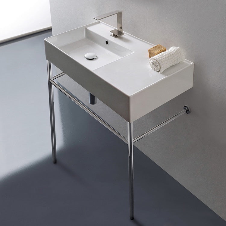 Teorema 2 Rectangular Ceramic Console Sink and Polished Chrome Stand - Stellar Hardware and Bath 