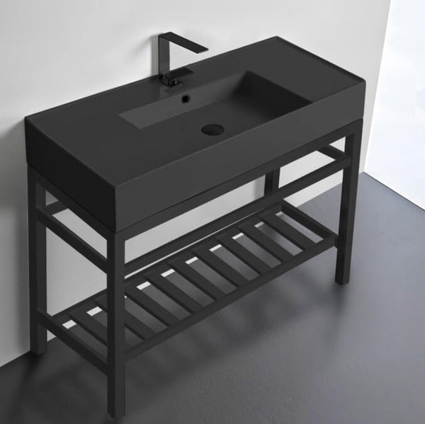 Teorema 2 Modern Matte Black Ceramic Console Sink and Matte Black Base - Stellar Hardware and Bath 