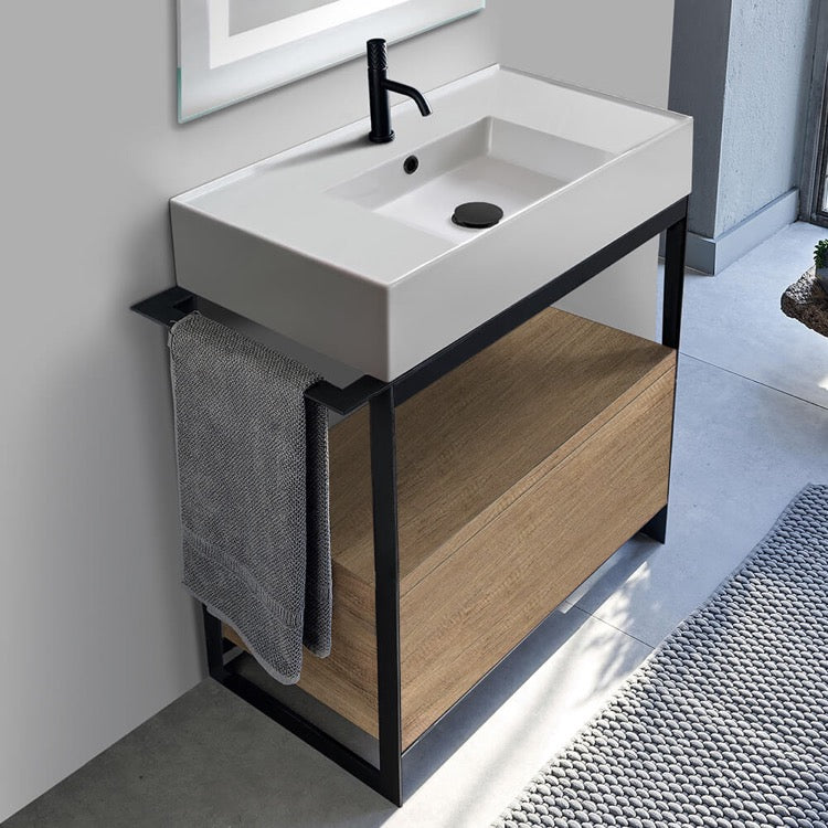 Solid Console Sink Vanity With Ceramic Sink and Natural Brown Oak Drawer - Stellar Hardware and Bath 