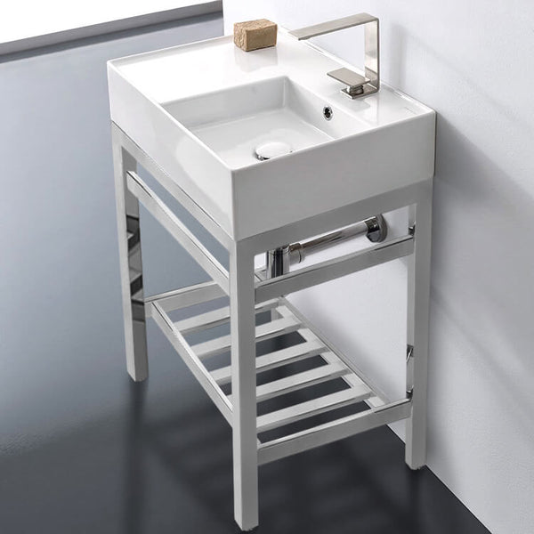 Teorema 2 Modern Ceramic Console Sink With Counter Space and Chrome Base - Stellar Hardware and Bath 