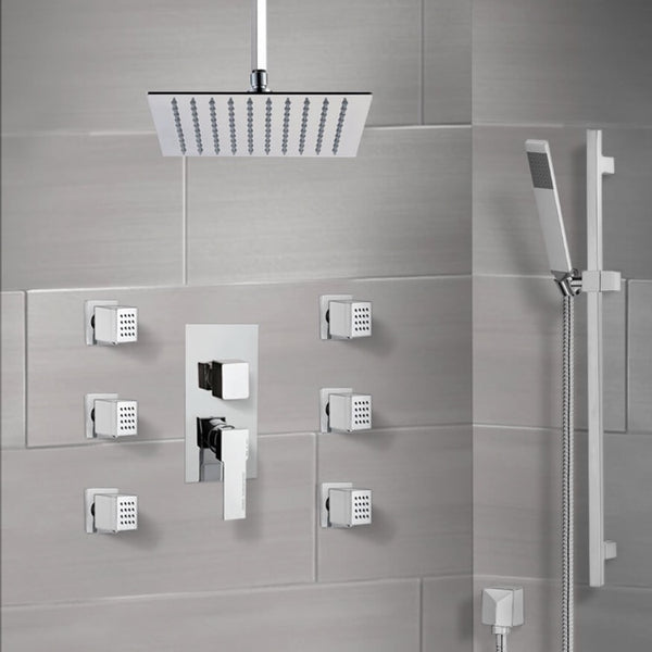 Raniero Chrome Shower System with Ceiling 10" Rain Shower Head, Hand Shower, and Body Sprays - Stellar Hardware and Bath 