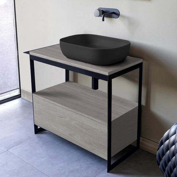 Solid Console Sink Vanity With Matte Black Vessel Sink and Grey Oak Drawer - Stellar Hardware and Bath 