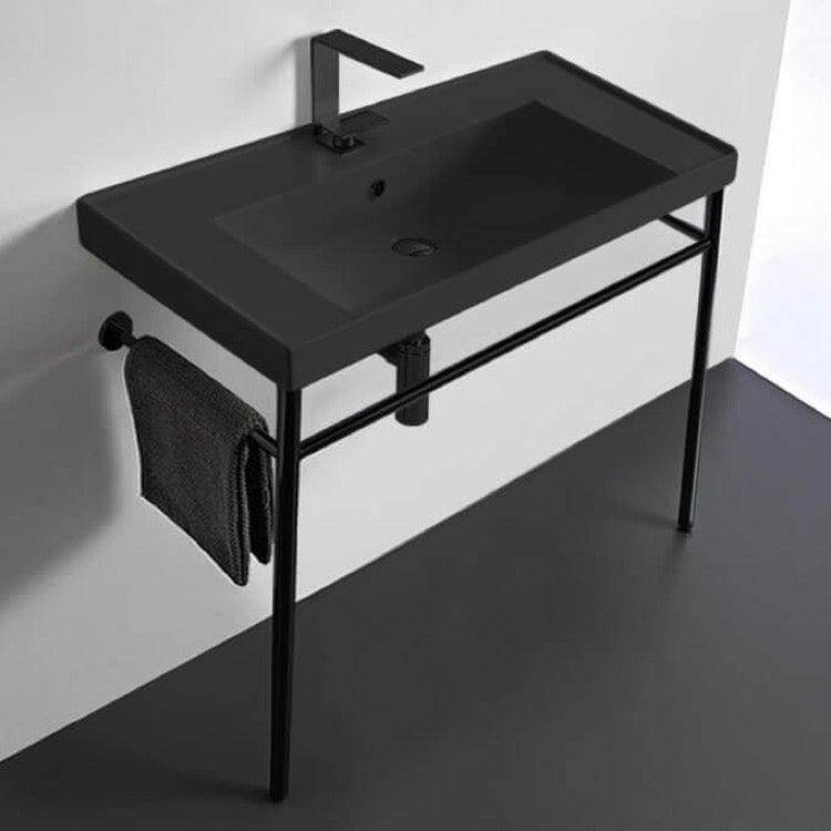 ML Matte Black Ceramic Console Sink and Matte Black Stand - Stellar Hardware and Bath 