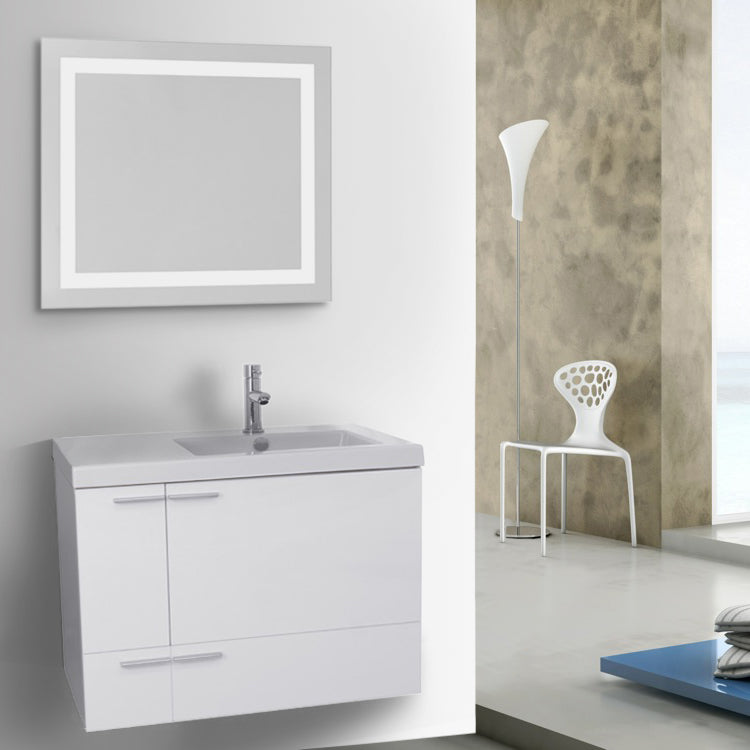 31 Inch Glossy White Bathroom Vanity with Fitted Ceramic Sink, Wall Mounted, Lighted Mirror Included - Stellar Hardware and Bath 