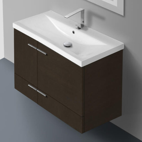 32 Inch Wenge Wall Mounted Vanity with Ceramic Sink - Stellar Hardware and Bath 