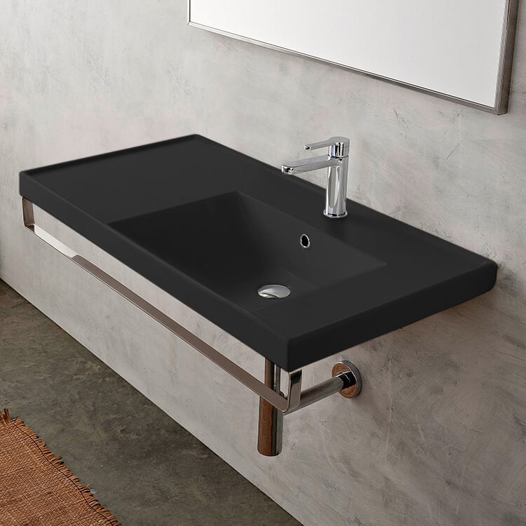 ML Wall Mounted Matte Black Ceramic Sink With Polished Chrome Towel Bar - Stellar Hardware and Bath 