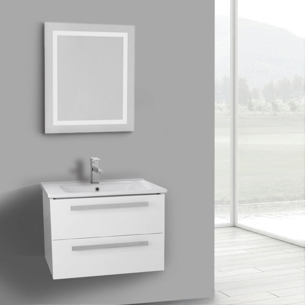 25 Inch Glossy White Wall Mount Bathroom Vanity Set, 2 Drawers, Lighted Mirror Included - Stellar Hardware and Bath 