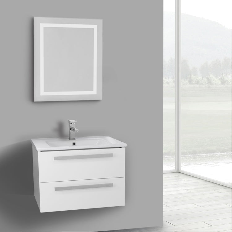 25 Inch Glossy White Wall Mount Bathroom Vanity Set, 2 Drawers, Lighted Mirror Included - Stellar Hardware and Bath 