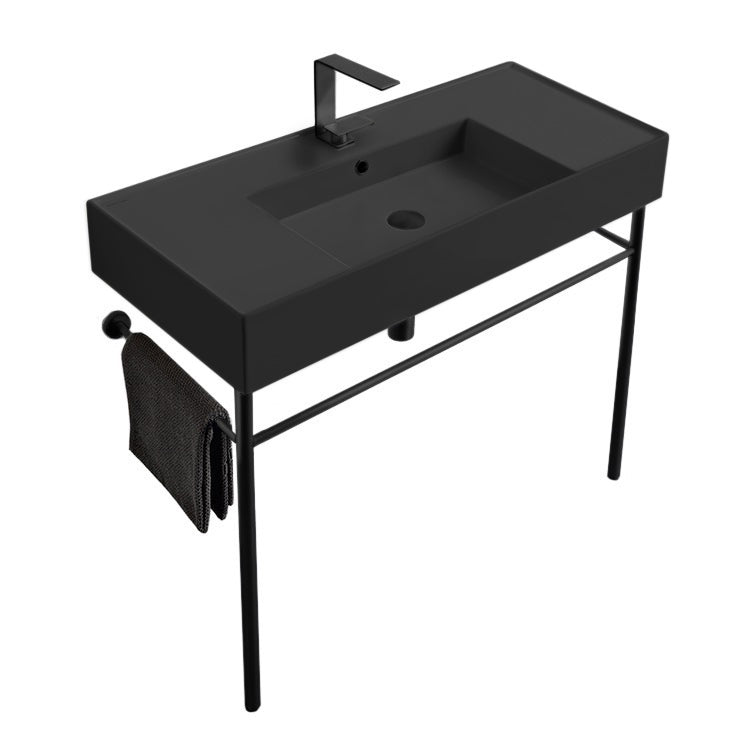 Teorema 2 Matte Black Ceramic Console Sink and Matte Black Stand - Stellar Hardware and Bath 