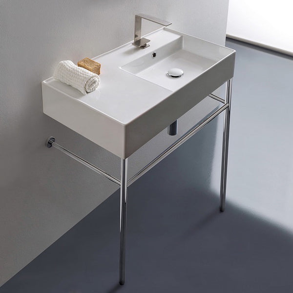 Teorema 2 Rectangular Ceramic Console Sink and Polished Chrome Stand - Stellar Hardware and Bath 