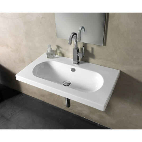 Edo Wide Rectangular White Ceramic Wall Mounted or Drop In Sink - Stellar Hardware and Bath 