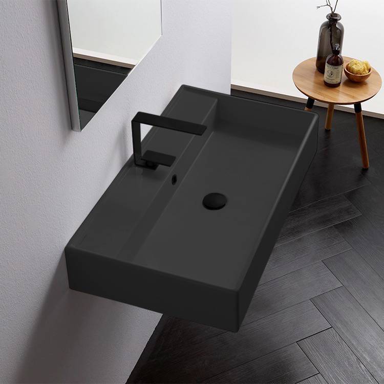 Teorema Rectangular Matte Black Ceramic Wall Mounted or Vessel Sink - Stellar Hardware and Bath 