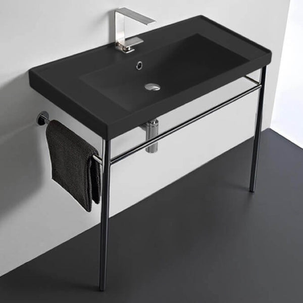 ML Matte Black Ceramic Console Sink and Polished Chrome Stand - Stellar Hardware and Bath 