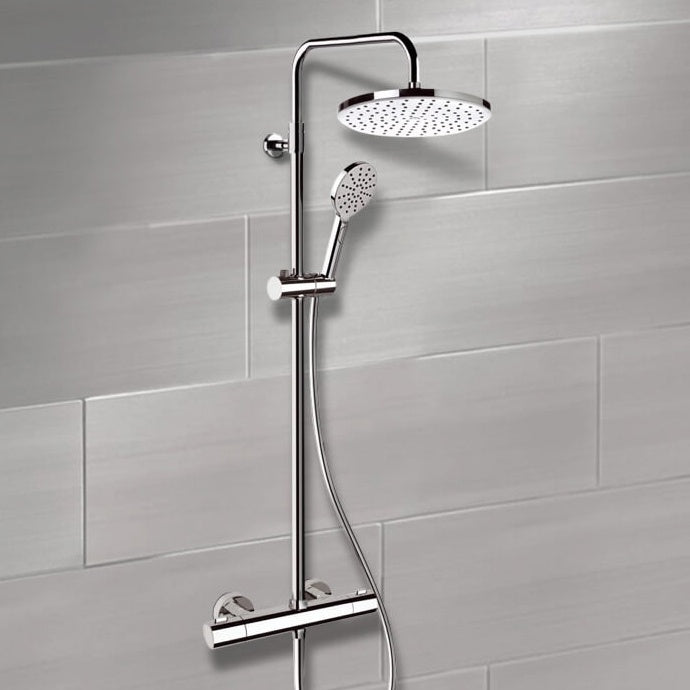 Elegance Chrome Thermostatic Exposed Pipe Shower System with 10" Rain Shower Head and Hand Shower - Stellar Hardware and Bath 