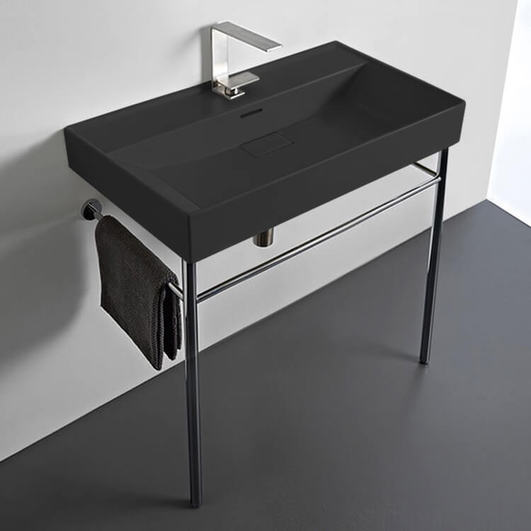 Sharp Rectangular Matte Black Ceramic Console Sink and Polished Chrome Stand - Stellar Hardware and Bath 