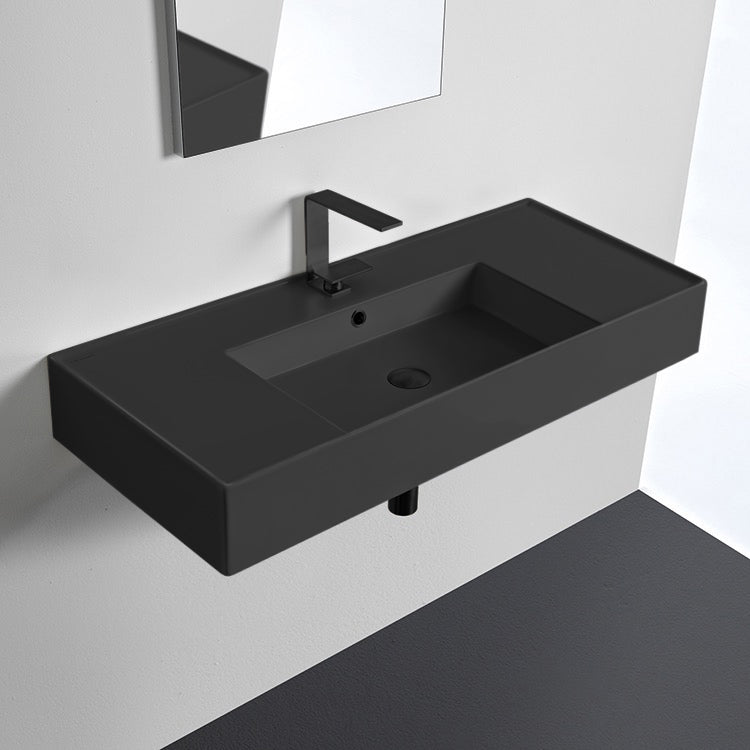 Teorema 2 Matte Black Ceramic Wall Mounted or Vessel Sink With Counter Space - Stellar Hardware and Bath 