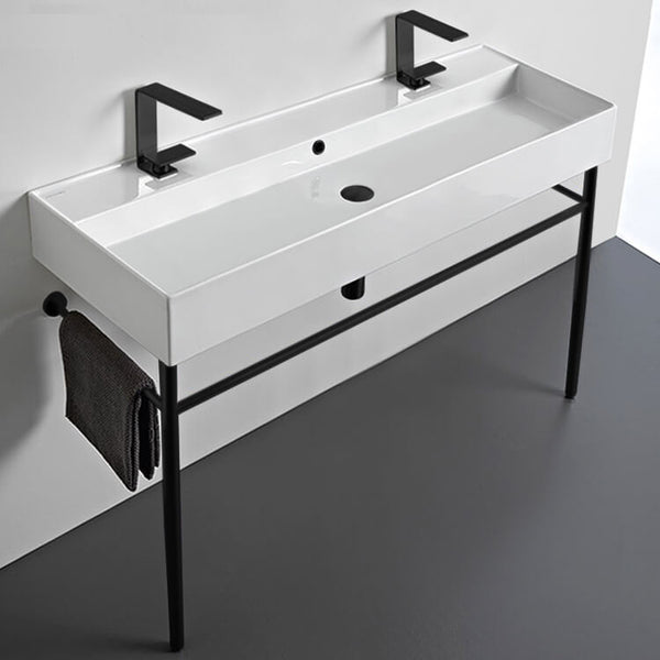 Teorema Double Ceramic Console Sink and Matte Black Stand - Stellar Hardware and Bath 