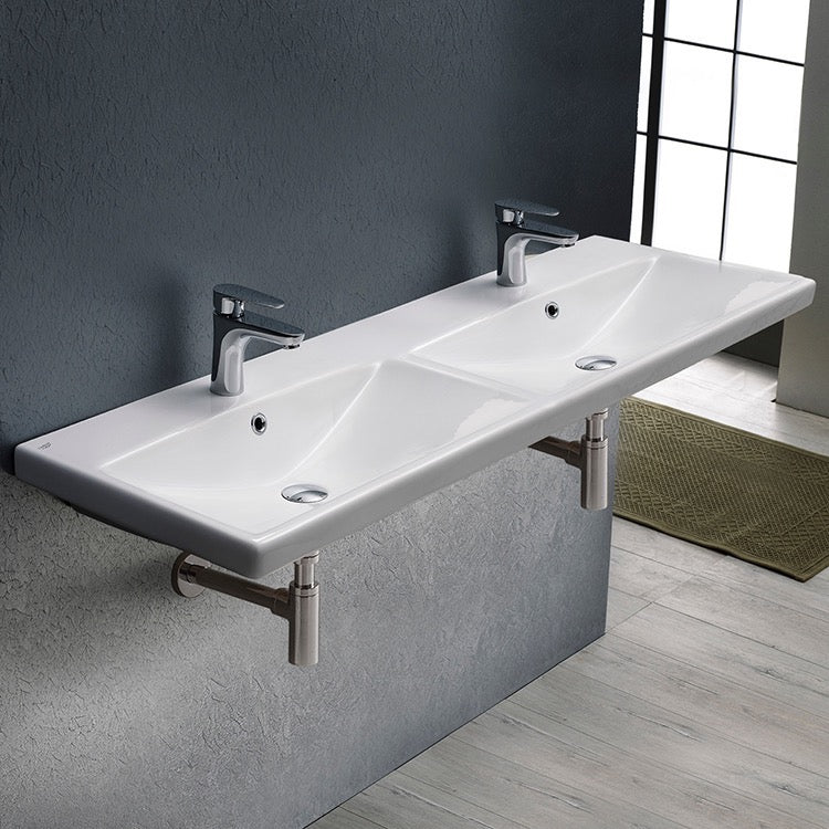 Elite Rectangular Double White Ceramic Wall Mounted or Drop In Sink - Stellar Hardware and Bath 