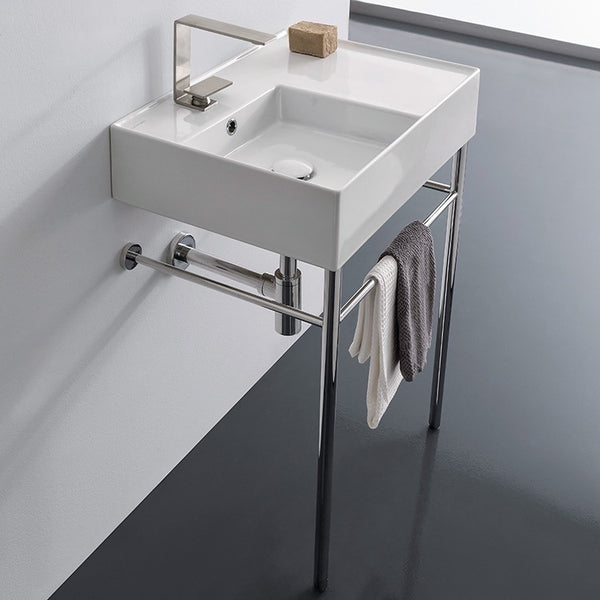 Teorema 2 Rectangular Ceramic Console Sink and Polished Chrome Stand - Stellar Hardware and Bath 