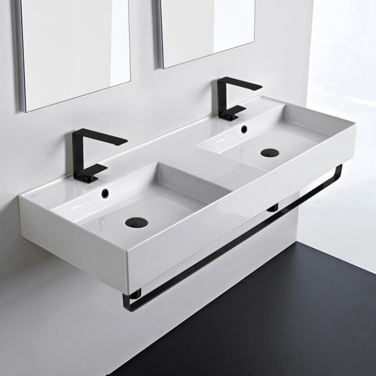 Teorema 2 Double Ceramic Wall Mounted Sink With Matte Black Towel Holder - Stellar Hardware and Bath 