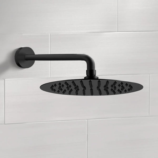 Water Therapy 12" Matte Black Rain Shower Head With Arm - Stellar Hardware and Bath 