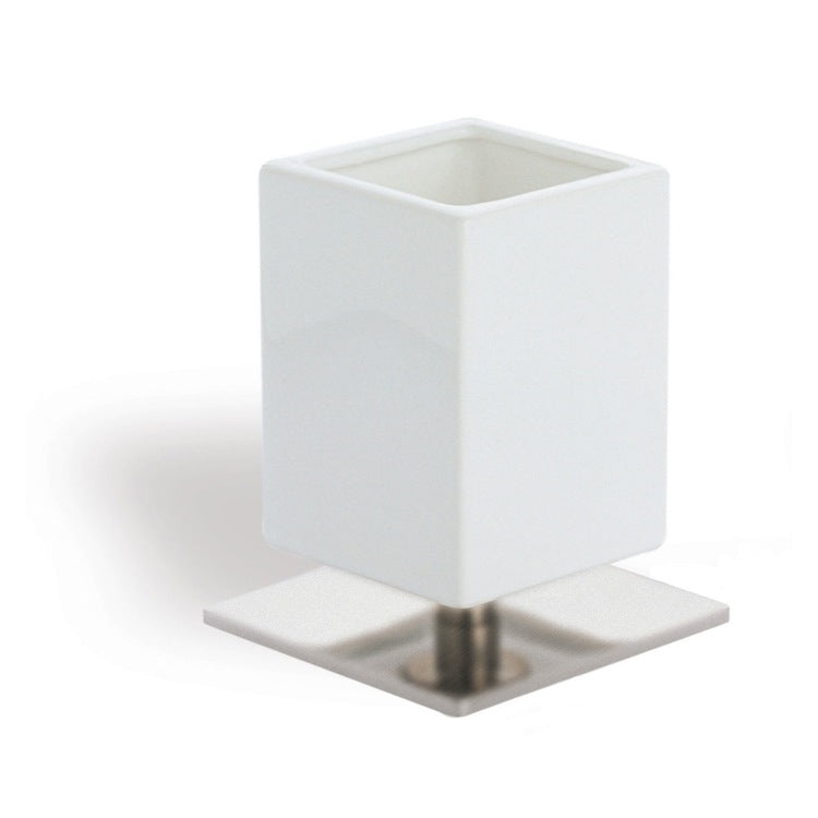 White Ceramic Toothbrush Holder with Satin Nickel Brass Base - Stellar Hardware and Bath 