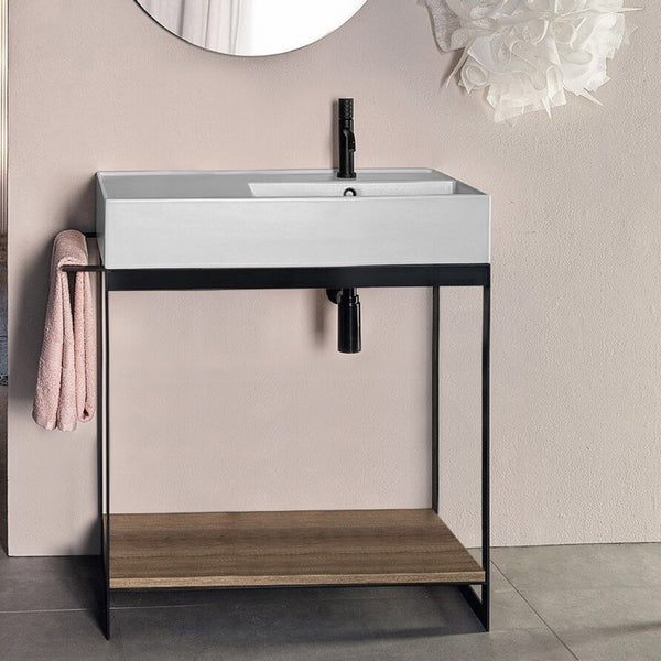 Solid Console Sink Vanity With Ceramic Sink and Natural Brown Oak Shelf - Stellar Hardware and Bath 