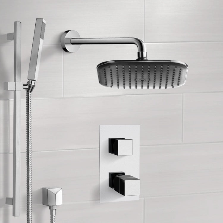 Rendino Chrome Thermostatic Shower System with 8" Rain Shower Head and Hand Shower - Stellar Hardware and Bath 