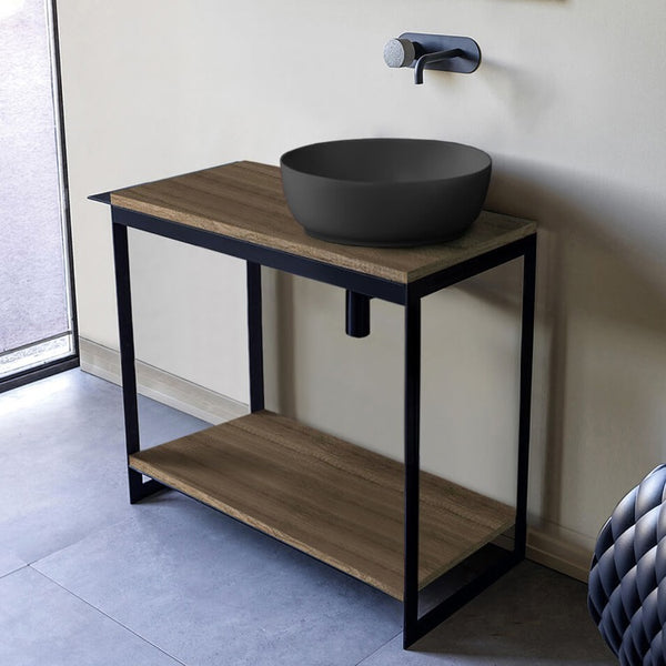 Solid Console Sink Vanity With Matte Black Vessel Sink and Natural Brown Oak Shelf - Stellar Hardware and Bath 