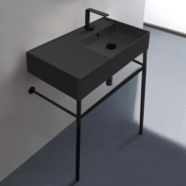 Teorema 2 Matte Black Ceramic Console Sink and Matte Black Stand - Stellar Hardware and Bath 