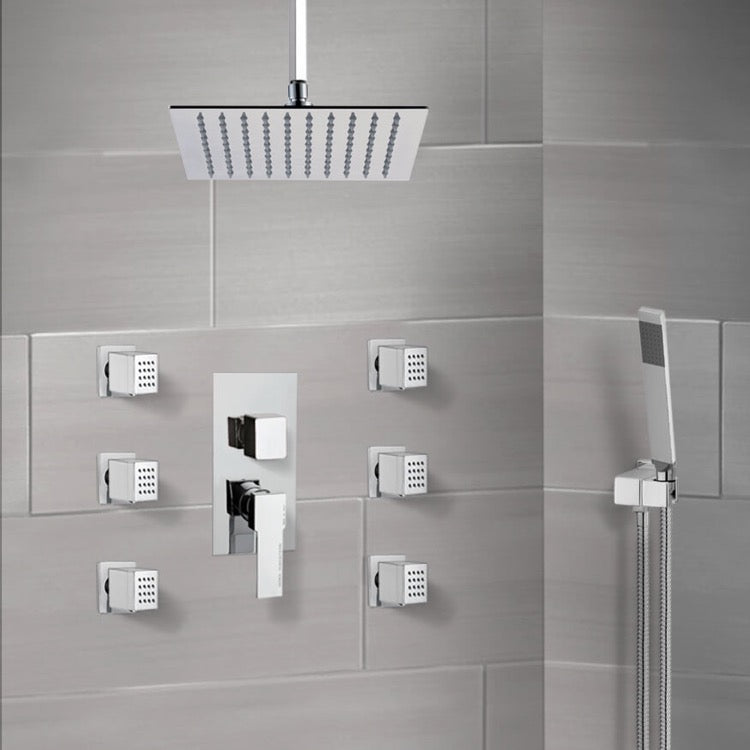 Raniero Chrome Shower System with Ceiling 10" Rain Shower Head, Hand Shower, and Body Sprays - Stellar Hardware and Bath 