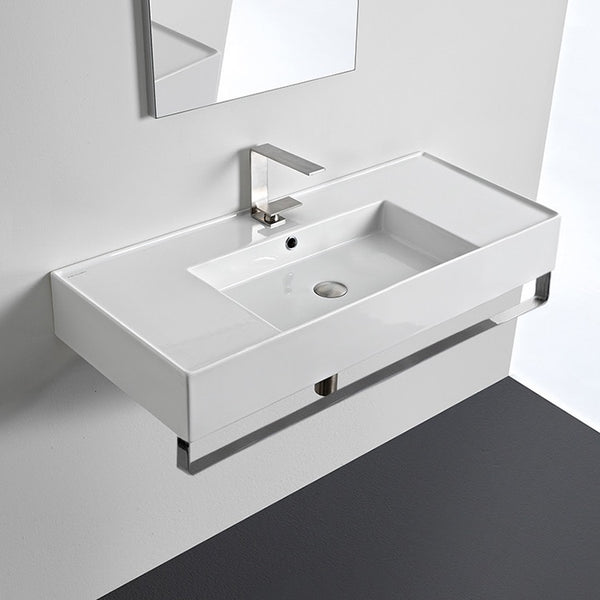 Teorema 2 Rectangular Ceramic Wall Mounted Sink With Counter Space, Includes Towel Bar - Stellar Hardware and Bath 