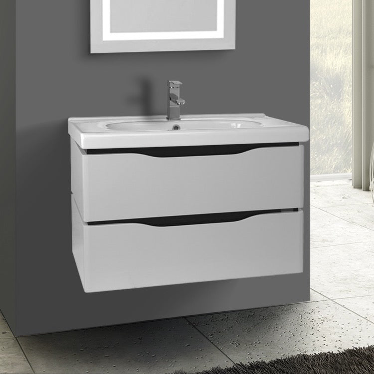 31 Inch Wall Mounted White Vanity Cabinet With Fitted Sink - Stellar Hardware and Bath 