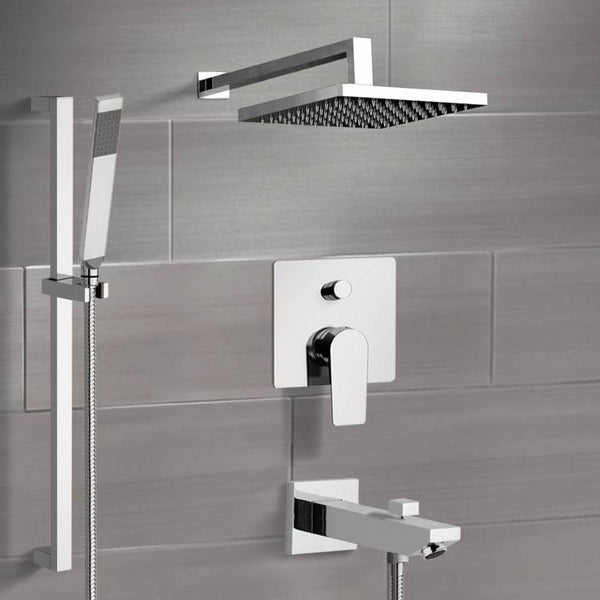 Galiano Chrome Tub and Shower Faucet Set with Rain Shower Head and Hand Shower - Stellar Hardware and Bath 