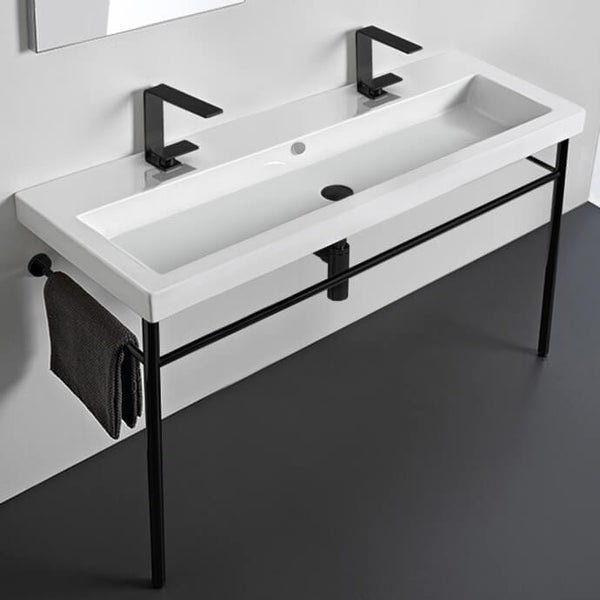 Cangas Double Ceramic Console Sink and Matte Black Stand - Stellar Hardware and Bath 
