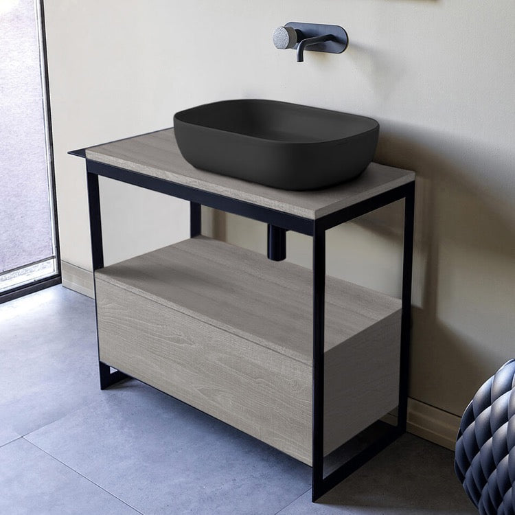 Solid Console Sink Vanity With Matte Black Vessel Sink and Grey Oak Drawer - Stellar Hardware and Bath 