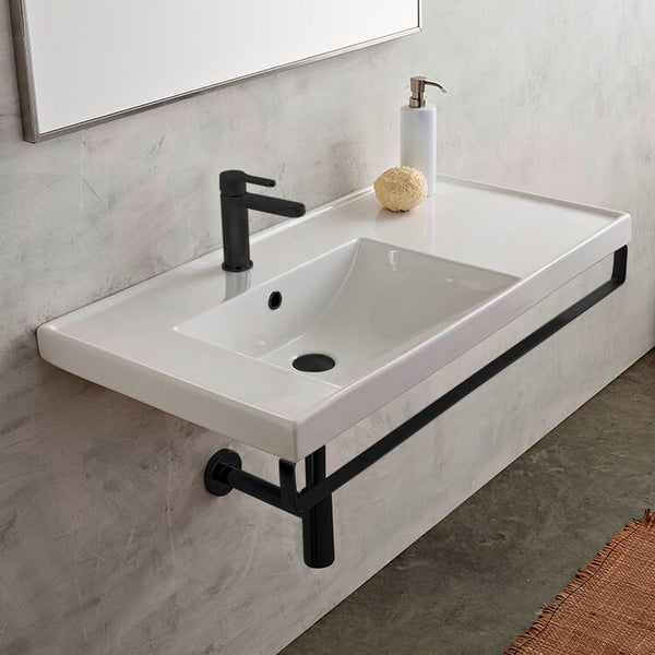 ML Rectangular Wall Mounted Ceramic Sink With Matte Black Towel Bar - Stellar Hardware and Bath 