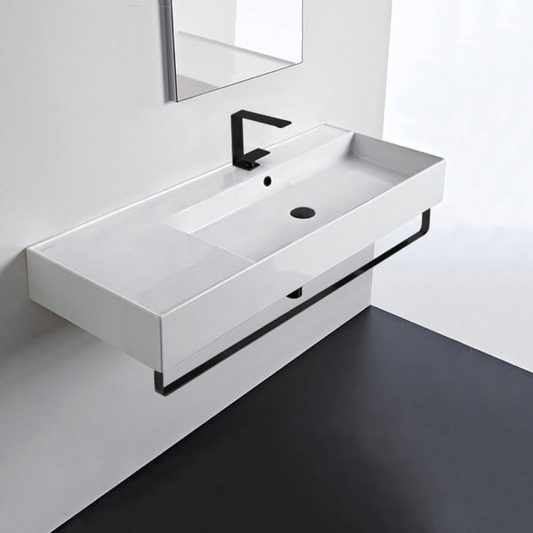 Teorema 2 Rectangular Ceramic Wall Mounted Sink, Matte Black Towel Bar Included - Stellar Hardware and Bath 