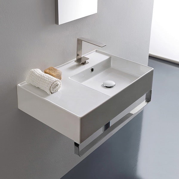 eorema 2 Rectangular Ceramic Wall Mounted Sink With Counter Space, Towel Bar Included - Stellar Hardware and Bath 