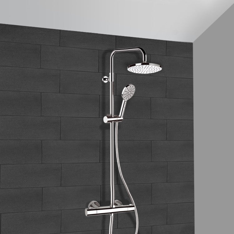 Elegance Chrome Thermostatic Exposed Pipe Shower System with 8" Rain Shower Head and Hand Shower - Stellar Hardware and Bath 