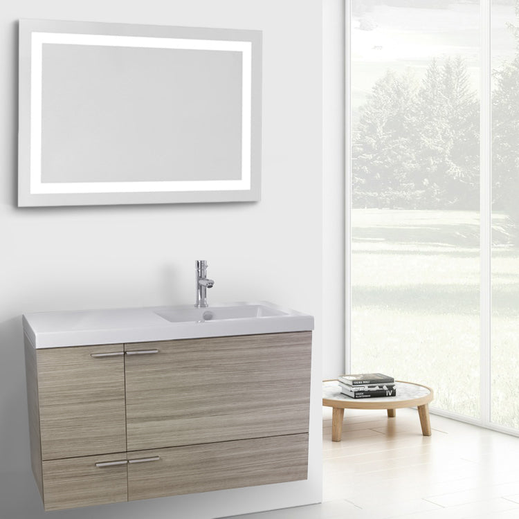 39 Inch Glossy White Bathroom Vanity with Fitted Ceramic Sink, Wall Mounted, Lighted Mirror Included - Stellar Hardware and Bath 